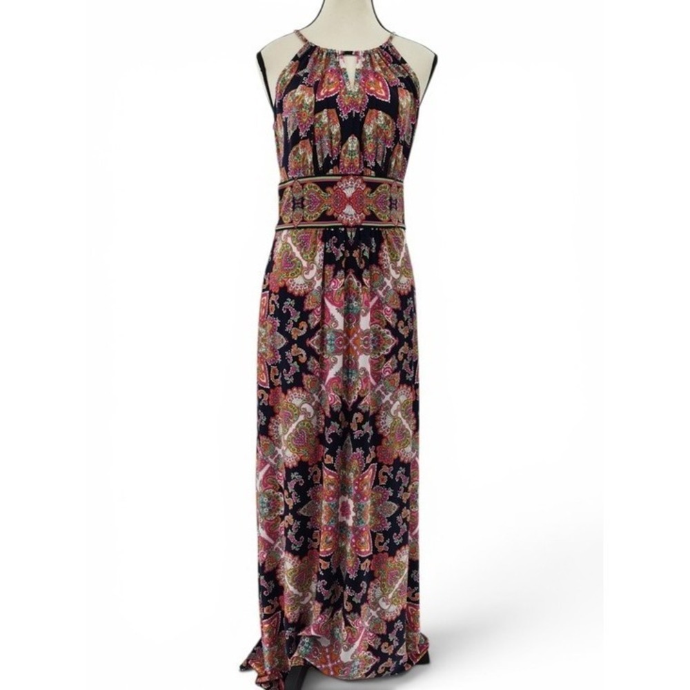 London Times Navy Pink Paisley Halter Maxi Dress 6 Halter Neck Wedding Guest